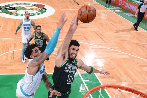 BOSTON, MA - APRIL 28: Jayson Tatum #0 of the Boston Celtics dunks the ball during the game against 